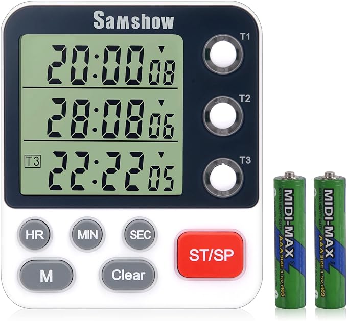 Samshow Digital Kitchen Timer, 3 Channels | Count UP/Down Timer, Large Display, Triple Timer, Magnetic Stopwatch, Adjustable Volume, Loud Alarm, Battery Included