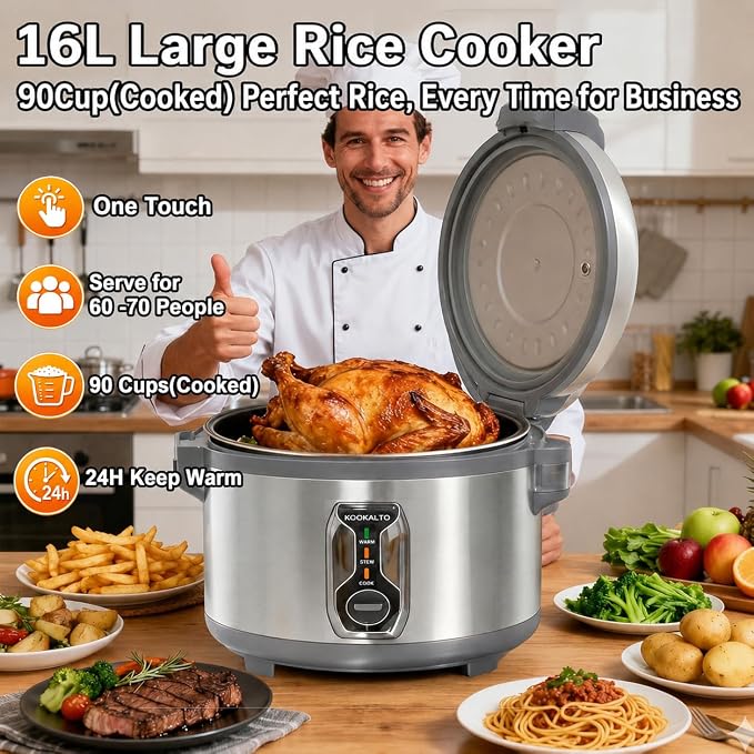 16L Large Commercial rice cooker (90-Cup Cooked), Electric Rice Cooker & Warmer for 65-75 People, 1550W Stainless Steel cooker, One-Touch Operation | Non-Stick Inner Pot | Auto Keep Warm