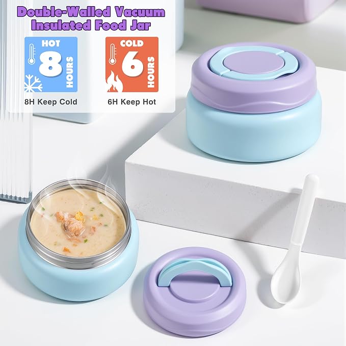 Bento Lunch Box for Kids with 7oz Soup Thermo,Insulated Stainless Steel Kids Water Bottle with Straw and Insulated Lunch Bag,Leak-Proof Lunch Food Container with Ice Pack for School(Purple)