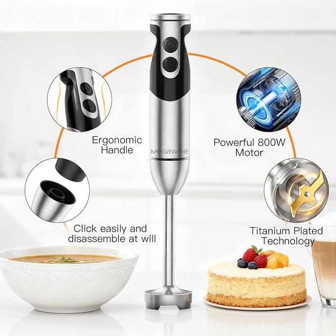 MegaWise Hand Blender, Immersion Blender Handheld 12-Speed with 80% Sharper Blades, Titanium Reinforced Stainless Steel 3-in-1 Immersion Blender,Includes Whisk and Milk Frother (3-in 1 Black)