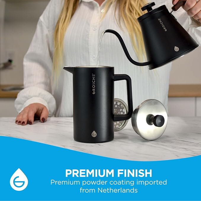 GROSCHE Dublin Double Wall Stainless French Press, Black, 8 Cup, 34 oz | Fine-Mesh Filter Reduces Grit, Insulated Body Retains Heat, Dishwasher-Safe Parts Simplify Cleanup for Daily Hot or Cold Brew