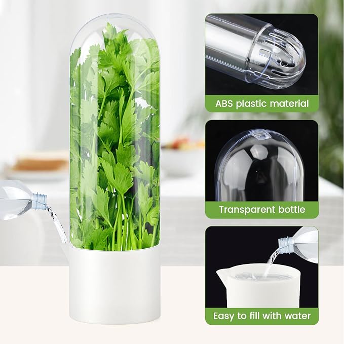 2 Pack Herb Keeper for Refrigerator, Vertical Herb Keeper for Fridge with Scissors, Vegetable Preservation Container for Cilantro, Parsley, Mint&Asparagus, Extends Freshness for 2-3 Weeks