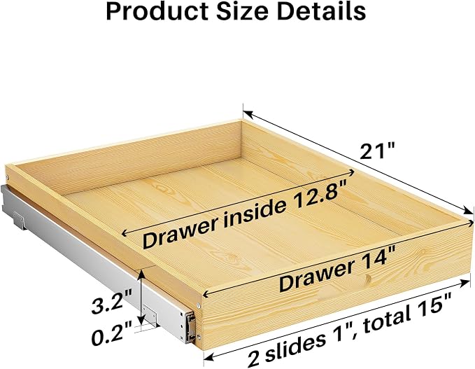 Pull Out Cabinet Organizer, Soft Close Wooden Slide Out Drawers for Pots and Pans, Full-extension Roll Out Shelves for Kitchen Cabinets, Pantry Organization, Bottom & Side Mount(15"W X 21"D x 3.4''H)