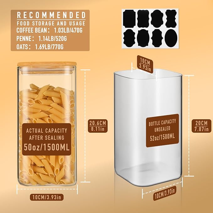 D2scrma 50oz Airtight Glass Square Storage Canister with Bamboo Lid Set of 3 (1500ml) Container Stackable Spice Jar, Kitchen Canister for Flour, Cookies, Cereal and Coffee beans (‎with Black Lable)