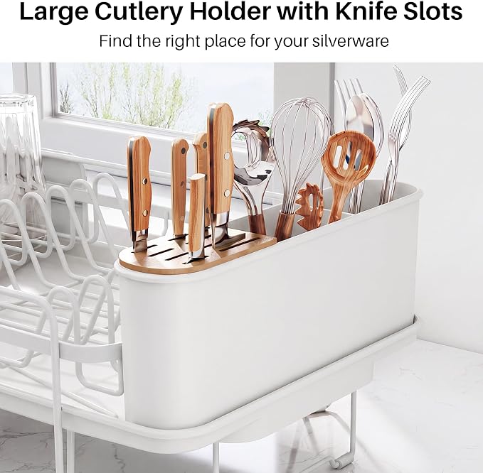 SNTD Large Dish Drying Rack for Kitchen Counter, Expandable, White | Stainless Steel Dish Drainer, Adjustable Length 18.9''-29.3'', Automatic Drainage, 360° Spout, Cutlery Holder with Knife Slot