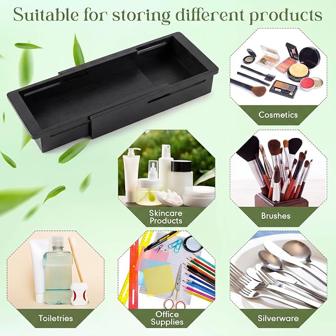 LemonRoad 1 Pcs Sliding Drawer Organizer 12.4-17.7 Inch Bin Bamboo Drawer Expandable Bins Utensil Organizer for Kitchen Spoons Forks Knives (Black)