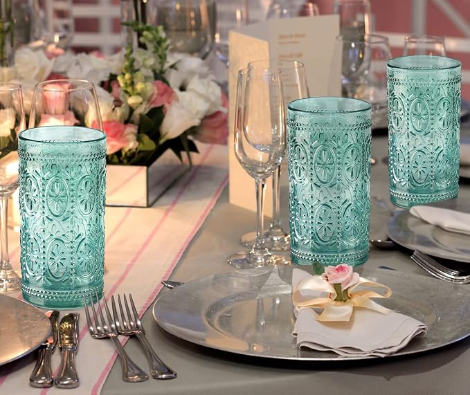 Darlion Green Glassware, Vintage Drinking Glasses, 12oz Highball Glasses | Lead-Free Glass, Food Grade Glass, Durable&Sturdy, Vintage Decoration