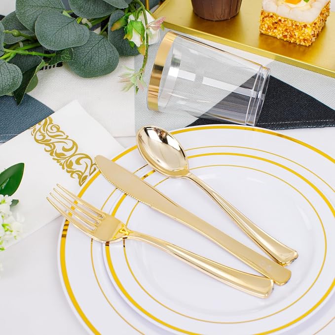350 Pieces White and Gold Plastic Plates - 50 Guest Dinnerware Set Include 100 Plates, 50 Gold Plastic Silverware, 50 Paper Napkins and 50 Cups for Wedding/Baby Shower/Birthday/Party