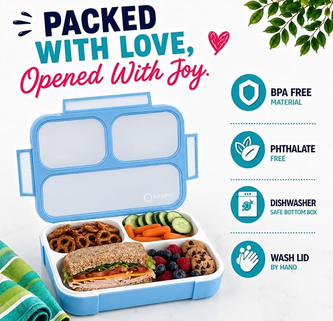 kinsho Bento-Box Lunch and Snack Boxes. Family Pack of 4 Meal Planning Portion Containers for Kids, Women, Adults. BPA Free. Utensils, Blue & Green Set (2 Large + 2 Small)