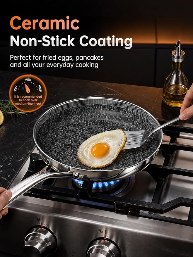 9.5 Inch Non Stick Frying Pans,Ceramic Nonstick Coating Skillet | Stainless Steel, PFAS/PFOA/PTFE-free & non-toxic. Compatible with All Stovetops. Oven & dishwasher safe. Stay cool handle