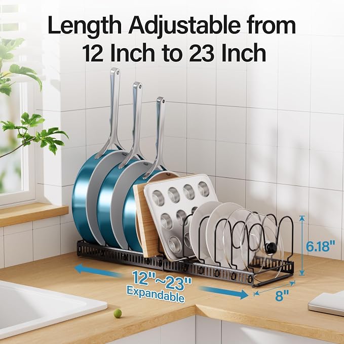 Pots and Pans Organizer under Cabinet, 12-23" 10 Dividers Black | Extends 12-23", Holds pot lids, pans, cookware and bakeware, Adjustable dividers, for under cabinet or countertop