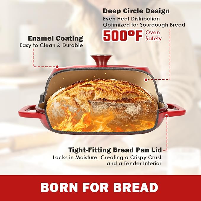 Wdmiya Dutch Oven for Sourdough Bread Baking, Shallow Base & Dome Lid 5 QT | Enameled Cast Iron Bread Baker for Batards & Boules, Easy-Clean Enamel, 500°F Oven Safe, Red, 11.5" x 7.8"