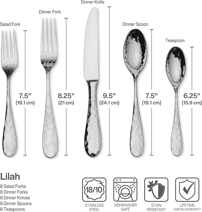 Mikasa Lilah 18/10 Stainless Steel Flatware Set, 45-Piece Silverware Set for 8 with Serving Utensils, Hammered Design, Dishwasher Safe