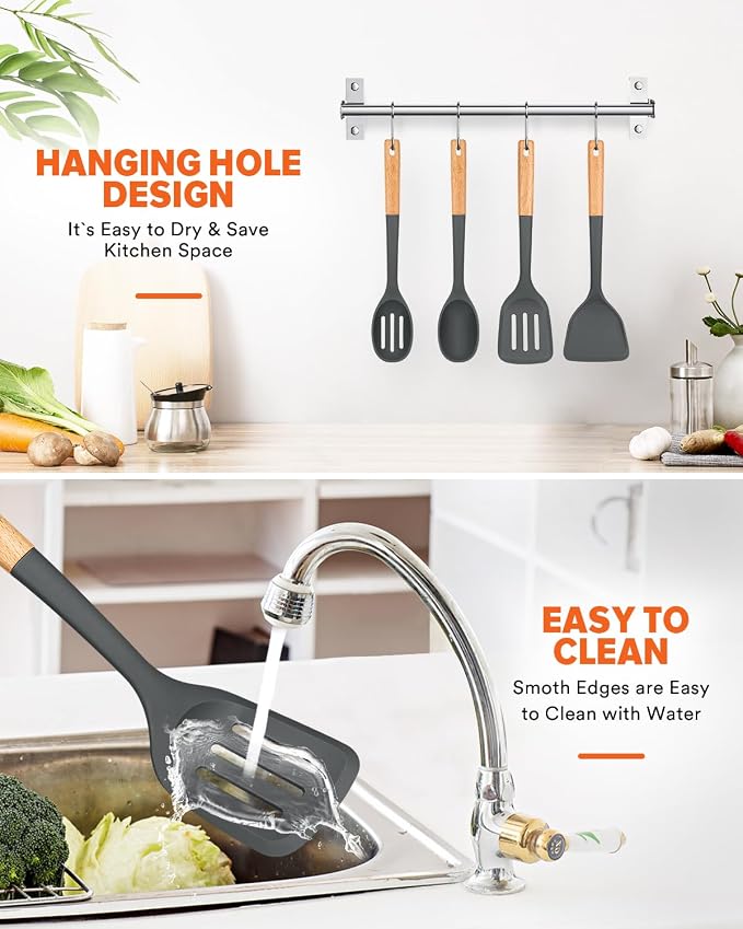 Silicone Cooking Utensils Set, Safe for Nonstick Cookwares, Grey | Perfectly Angled for Frying, Mixing,Serving,Draining,Turning and Stirring, BPA-Free Matte Silicone, Wood Handles,4 Pack