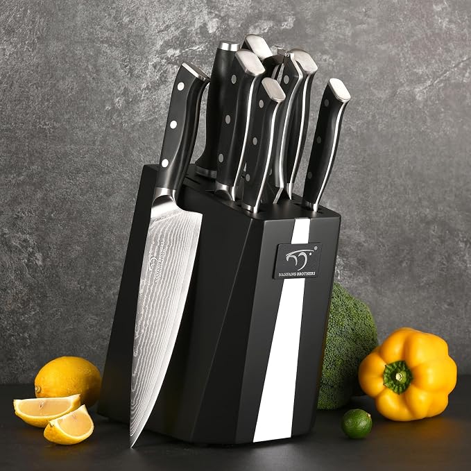 NANFANG BROTHERS Damascus Knife Set, 9-Piece VG10 Kitchen Knives | with Block
