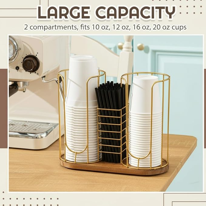 18oz Adjustable Coffee Cup Dispenser with Wooden Base, Cup and Lid Holder, Cups Holder Organizer for Coffee Pod Straw and Lid Storage(3-compartment Single,Color 2)