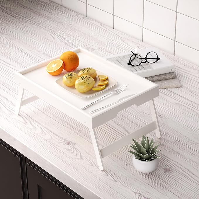Fibogollo 4 Pack Bamboo Bed Tray Table with Folding Legs,Breakfast Trays,Serving Tray for Food and Snack,Laptop Trays for Working(White)