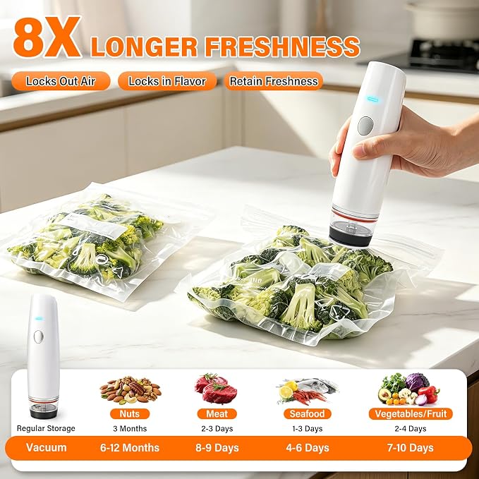 -80kPa Compact Vacuum Sealer for Food (Vacuum Sealer Machine + 30 Reusable Bags), Cordless Handheld Vacuum Sealer Machine Portable Mini Food Sealer for Sous Vide & Meal Prep-White
