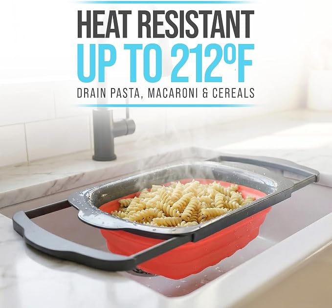 Comfify Coral XL Collapsible Silicone Over Sink Colander – 6 Quart | Coral; extends 25" to span sink; both hands free; collapses flat; 6 Qt; heat resistant 176F; pasta, veg, fruit