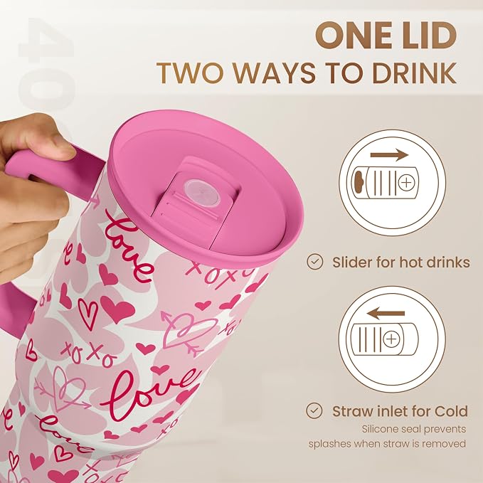SANDJEST Heart Tumbler with Handle 40oz, Valentines Stainless Steel Insulated Tumblers Coffee Travel Cup with Straw Lid, Gifts for Women Girl