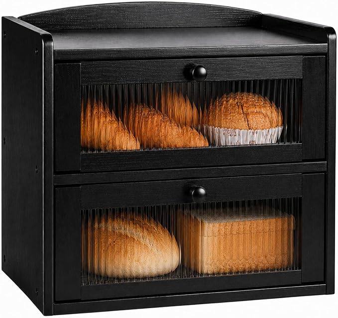 Large Wooden Bread Box for Kitchen Countertop, 2-Tier, Black | Clear Acrylic Window Spacious Bread Storage Farmhouse Style Pantry Organization For Homemade Bread and Bagels