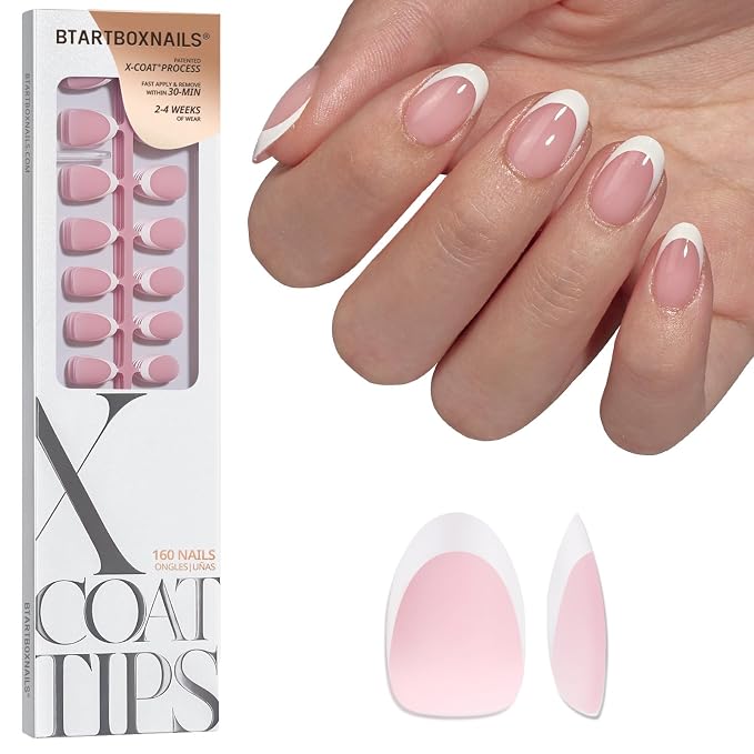 BTArtboxnails XCOATTIPS White French Tip Press On Nails, XS Oval, Pink | Lamp-Curable, 4-Week Wear, Salon Quality Value at Home, Natural Nail Look, Easy-to-Apply for Beginners, 160Ct Nail Tips Only