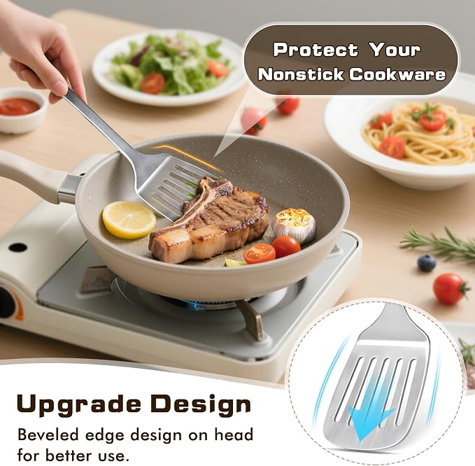 9 Pcs Cooking Utensils Set, Stainless Steel Kitchen Utensils, Heat Resistant Metal Kitchen Tools Include Solid & Slotted Turner Wok Spatula, Serving Spoon, Ladle, Pasta Server, Meat Fork, Tongs Silver