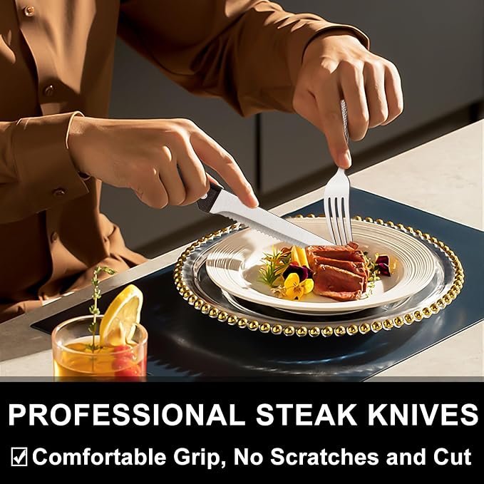 49-Piece Hammered Silverware Set with Organizer, Food-Grade Stainless Steel Flatware for 8, Cutlery Utensil Sets with Steak Knives, Rust-proof, Mirror Polished, Dishwasher Safe, Wave Hammered