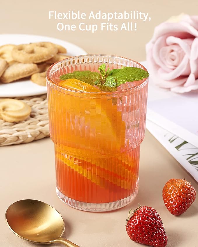 6PCS Ribbed Drinking Glasses,14Oz Stackable Glass Cup Set for Bar & Kitchen | Fluted Designed,Vintage Clear Water Glasses for Cocktail & Juice & Coffee,Versatile cup,gifts,party,wedding