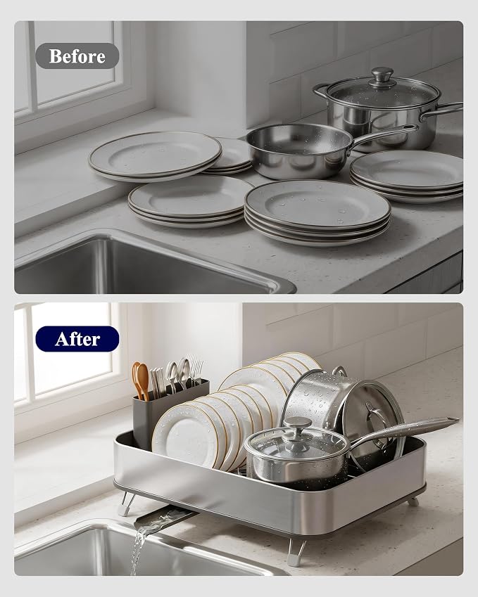 Kitsure Dish Drying Rack - Stainless Steel Dish Rack with Cutlery Holder, Rust-Resistant Wrapped Edges, Space-Saving Dish Racks for Kitchen Counter, 16.3" x 12.7" x 4.6", Black