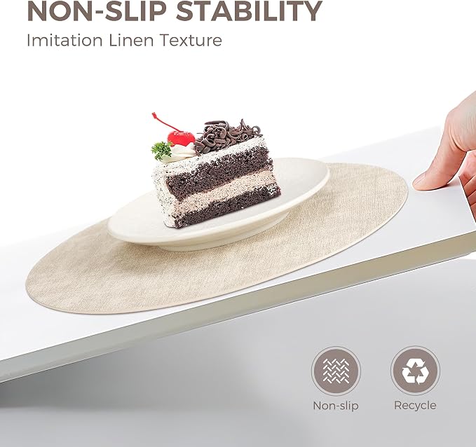 13" Round Placemats Set of 6, Reversible Faux Leather Wipeable Table Mats | 2mm Vinyl Heat Resistant, Waterproof Oilproof Scratch Proof Non-Slip, Washable for Kitchen Dining Indoor Outdoor (Beige)