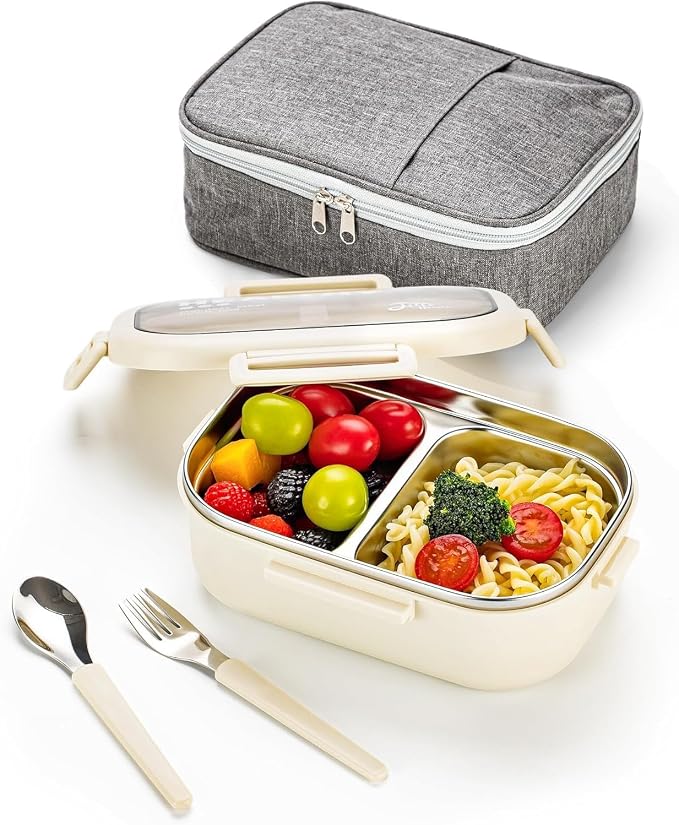 Lille Home 28oz Stainless Steel Leakproof 2-Compartment Bento Lunch Box | Portion Control Metal Lunch Box Food Container with Lunch Bag and Cutlery Set, BPA Free (Beige)