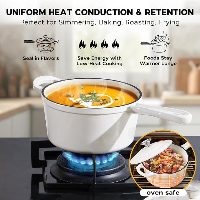 Onader 1QT Sauce Pan, Enameled Cast Iron Saucepan Dutch Oven Pot with Lid, Small Cooking Sauce Pot, Nonstick & Oven Safe – White