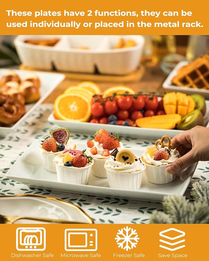 LAUCHUH 3 Tier Serving Tray, Porcelain Serving Platter Tier Serving Stand | Serving Trays and Platters with Collapsible Sturdier Rack Dessert Party Display Set for Baby Shower, Christmas, Gold, 12 Inch