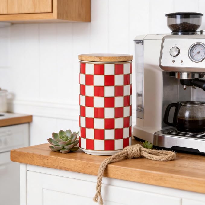Kitchen Countertop Ceramic Checkered Canisters,Black And White Food Storage Containers With Lid,Airtight Kitchen Canisters for Flour, Sugar, Coffee, Tea, and Dry Goods (Red, Large)