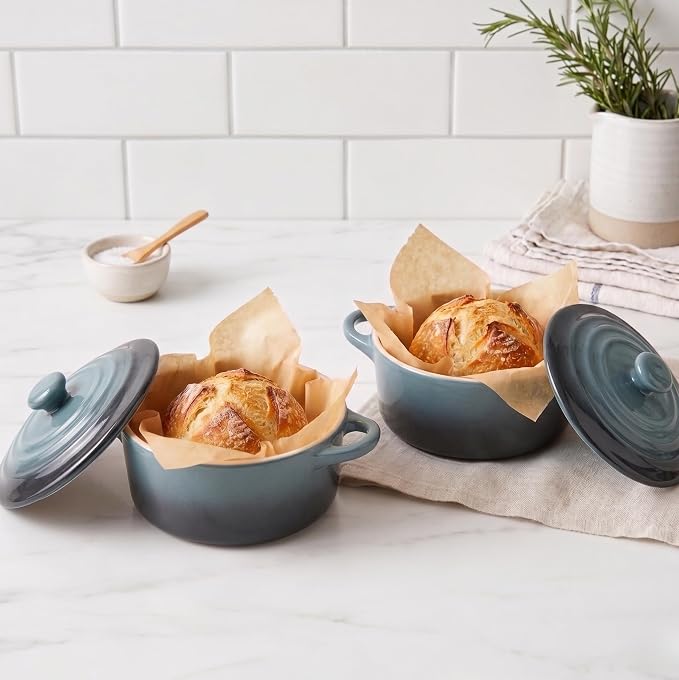 Kook Ceramic Mini Cocotte Set, Small Casserole Dishes with Lids and Handles, Individual Baking Ramekins, Oven safe 350F, Microwave & Dishwasher Safe, Stoneware, 12 oz, Set of 4, (Stone Ombre)