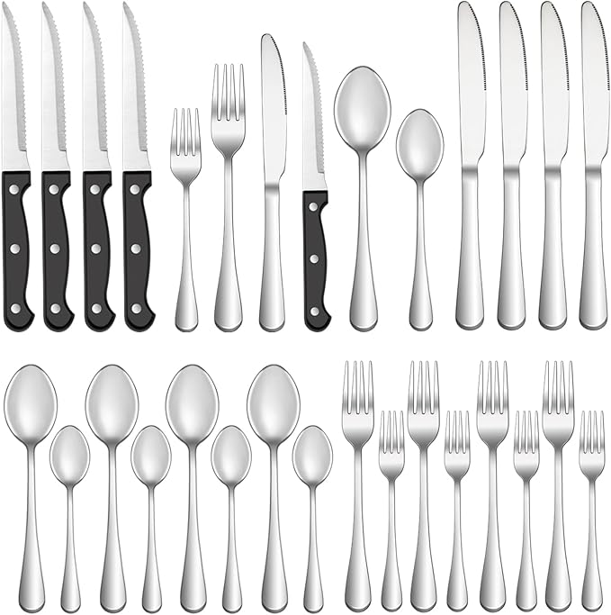 36 Pcs Silverware Set with Steak Knives for 6, Stainless Steel Flatware Set, Mirror Polished Cutlery Utensil Sets, Home Kitchen Eating Tableware Sets, Dishwasher Safe