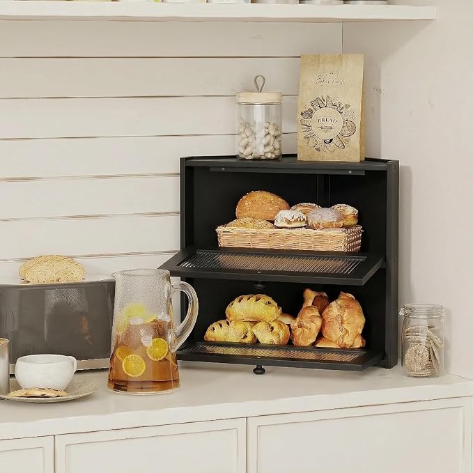 BAMBANG Corner Bread Box for Kitchen Countertop, Double Layer Bamboo Bread Storage Container with Wavy Windows, Farmhouse Large Bread Bin, Wooden Breadbox Holder for Homemade Bread (Black)