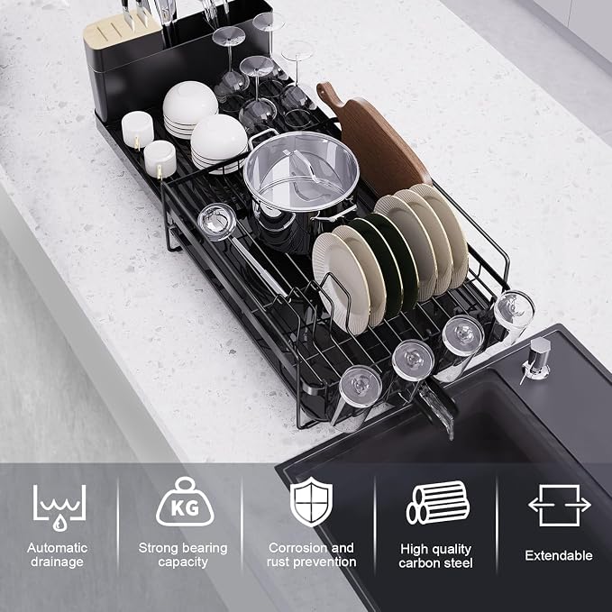 Runnatal Large Dish Drying Rack Stainless Steel Sink for Kitchen | Extendable Dish Rack Used in Sink & Kitchen Counter, with Drainboard Set & Utensil Holder & Cup Holder 20.5"-27.6"L x 12.6"W