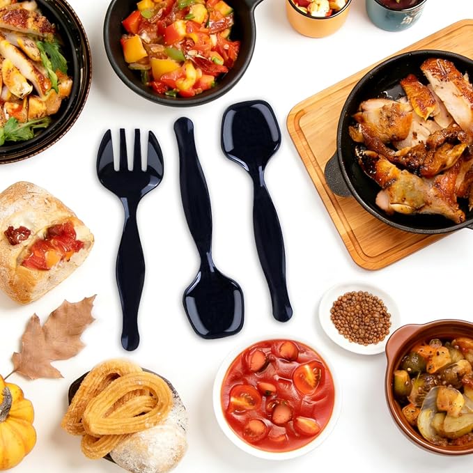 36Pcs Black Plastic Serving Utensils, Spoons Forks and Tongs Set (Black) | Disposable party utensils for dinner parties, buffets, salad, noodles, soup and weddings, clear serving supplies set