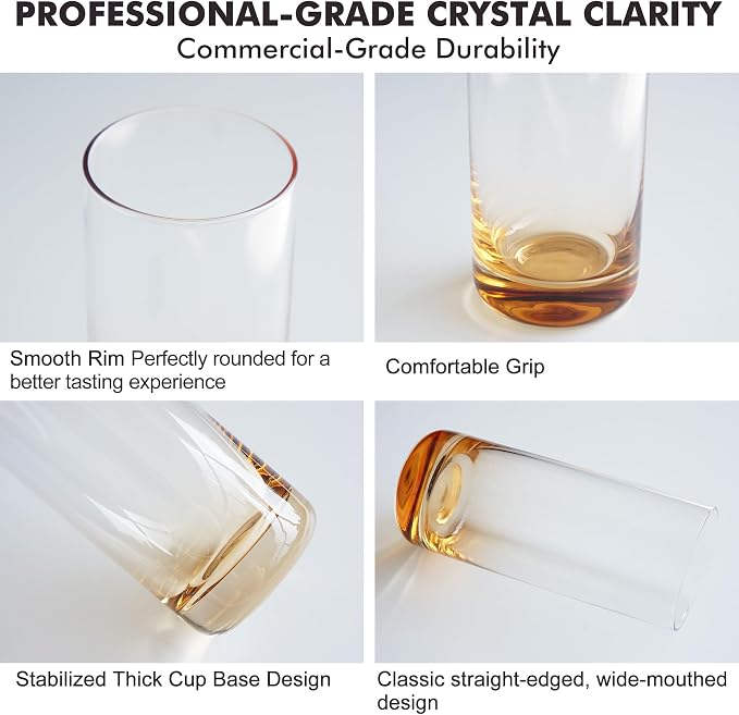 Amber Highball Glasses Set of 6, Drinking Glass for Mixed Drink | 13oz ,Cups for Cocktail, Beer, Mojito, Water and Juice,Thick Tall Glassware for Kitchen, Restaurant, Home Bar and Parties