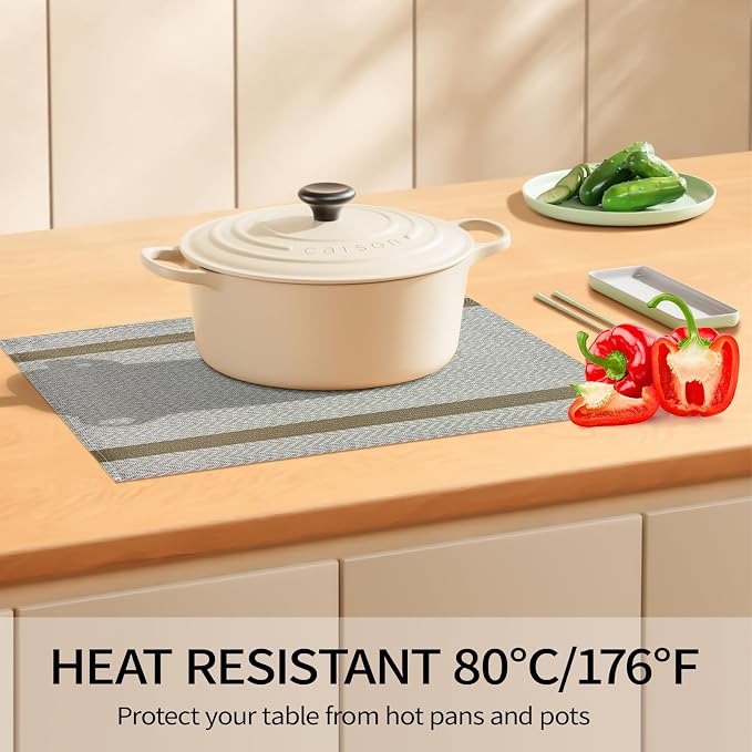 Beige Placemats Set of 4, 12x18 Inch Faux Linen Table Mats | Heat Resistant and Washable Design, Easy to Clean Surface for Dining Rooms, Kitchens, Outdoor Parties and Everyday Home Decor