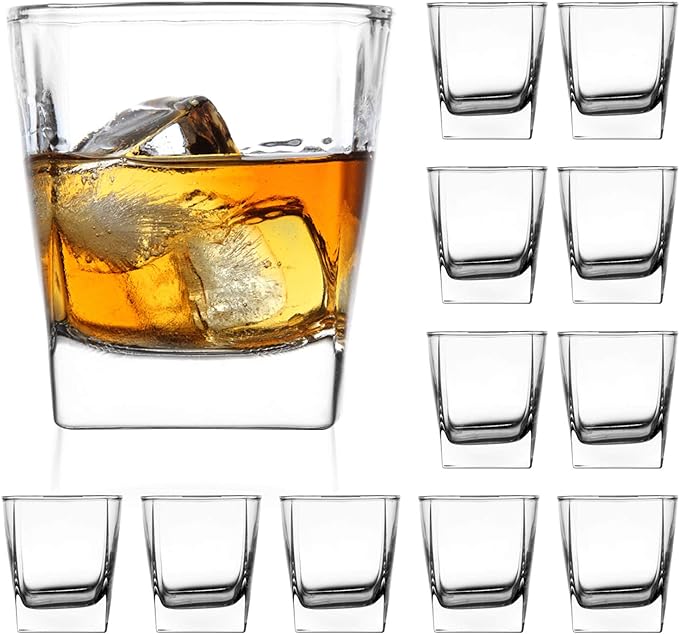 QAPPDA Heavy Base Whiskey Glasses, 8 oz Set of 12, Premium Quality Glass, Classic Design, Ideal for Whiskey, Vodka, Tequila, Cocktails, Great Gift Set | Elegant Old Fashioned Drinking Glasses Set for Whiskey, Juice, Cocktails, Beer and More - Dishwashe...