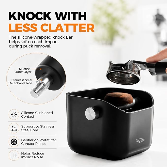 IKAPE Espresso Knock Box for Coffee Grounds, 1.5L Large Capacity Coffee Knock Box with Quiet Knock Bar, Detachable & Dishwasher Safe, Non-Slip Base for Home Espresso Bar
