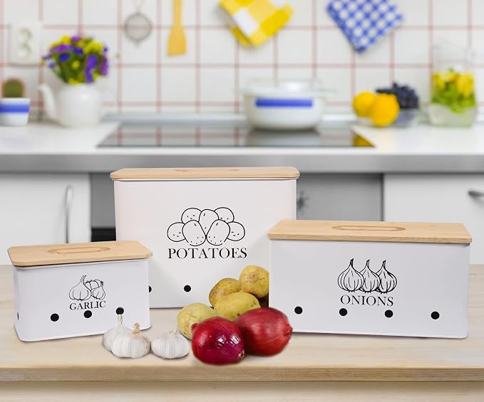 Kitchen Vegetable Storage Tins Set of 3 for Potato Onion & Garlic with Wooden Lid and Aerating Holes, Kitchen Storage Canisters Set, Vintage Kitchen Decor - White