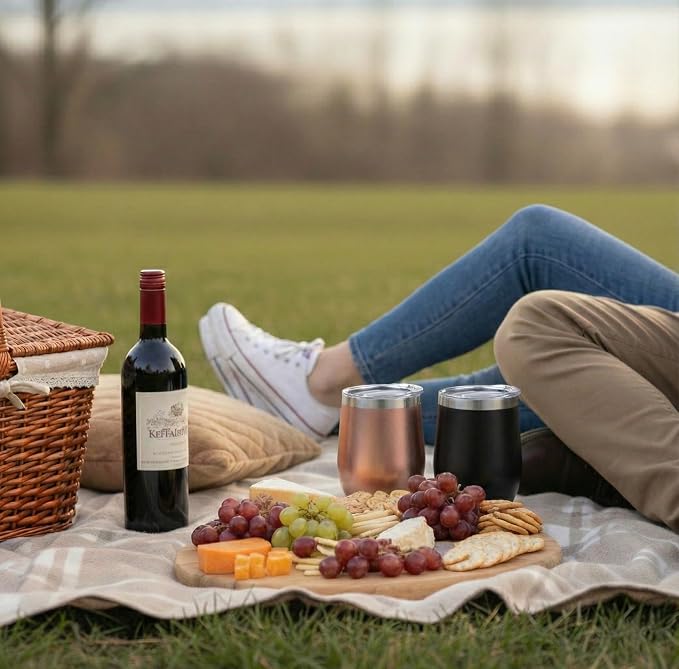 CHILLOUT LIFE 12 oz Stainless Steel Wine Tumblers 2 Pack - Double Wall Vacuum Insulated Wine Glasses Cups with Lids and Straws Set Keeping Cold & Hot for Coffee, Beer, Ice Cream (Rose Gold + Black)