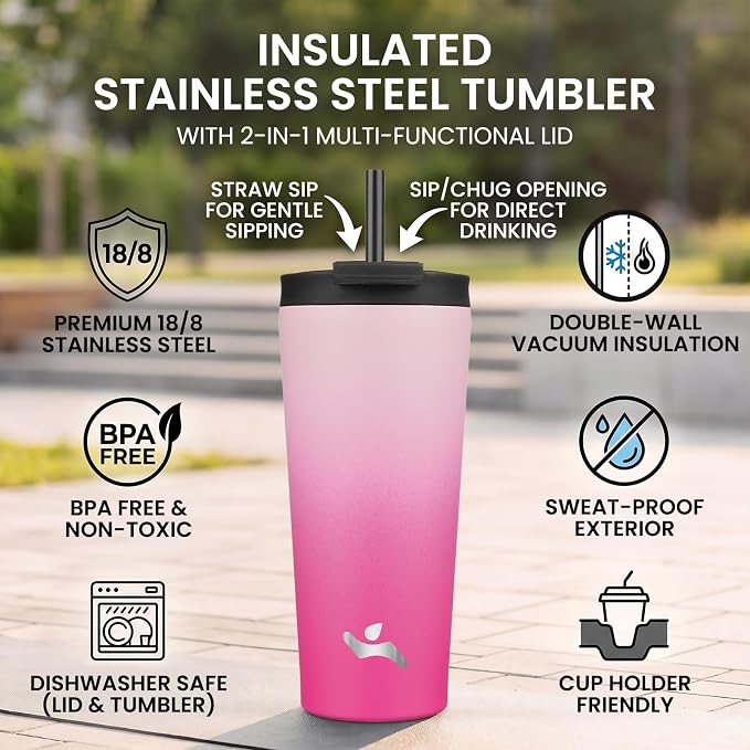 Konokyo 34 oz Insulated Tumbler Water Bottle with Straw Lid, Cherry | Stainless steel insulated tumbler for coffee, water and iced drinks; spill-proof lid, 2 straws, cup-holder friendly