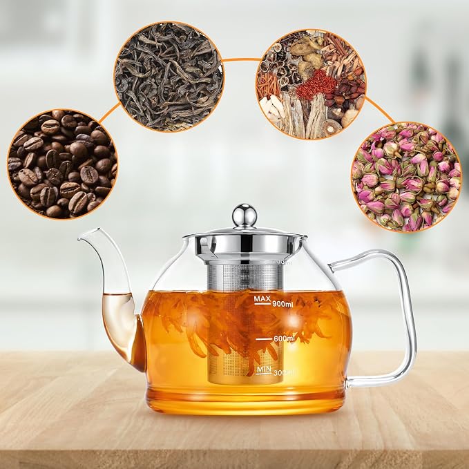 STNTUS Glass Teapot, 40 oz. / 1200 ml for Loose Tea, With Infuser and Stainless Steel Strainer, Stovetop Safe, 4-6 Cups