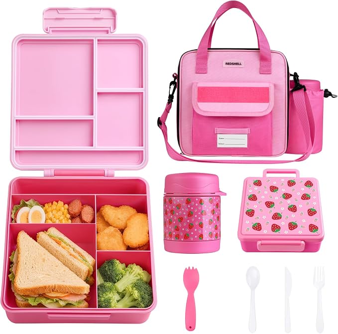 REDSHELL Kids Bento Lunch Box Set, Insulated Lunch Bag for Girls, Rose Red | Toddler 5-Compartment Lunchbox, Leakproof Food Jar, Snack Container, School Daycare, Bottle Holder, Adjustable Shoulder Strap