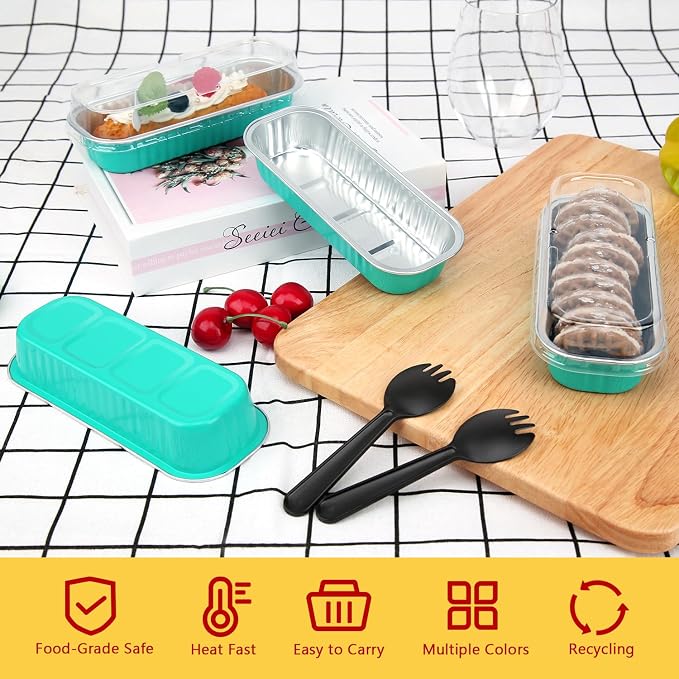 LNYZQUS Mini Loaf Cake Pans with Lids 50 Pack, 6.8oz Foil Baking Tins | Rectangle, Blue, Disposable Aluminum Dessert Cups, Individual Take-out Containers for Take Home Treats